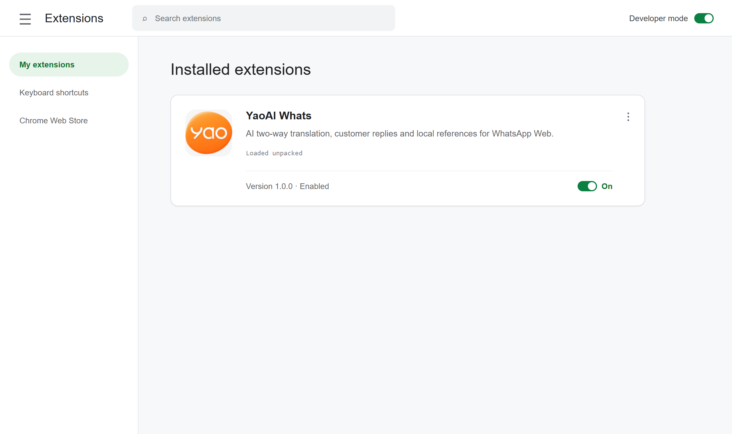 YaoAI Whats installed in Chrome Extensions