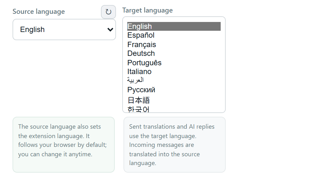Target language list in YaoAI Whats