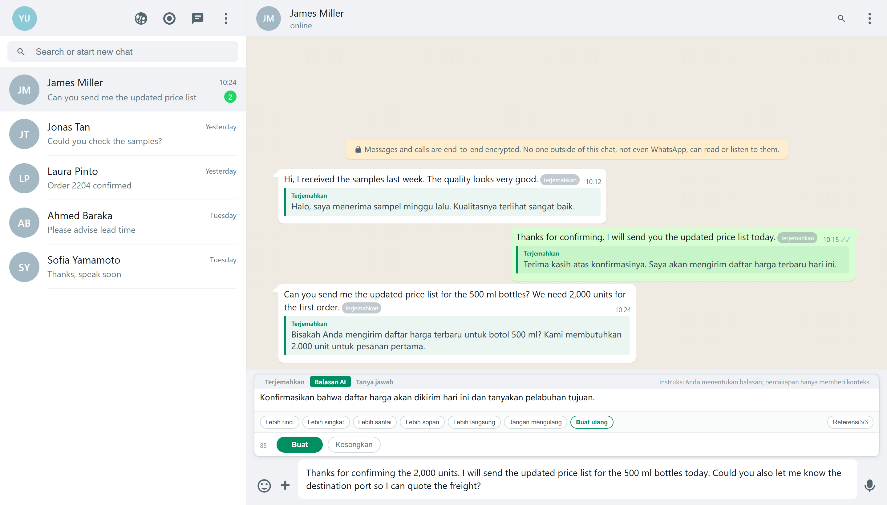 Penerjemah dan balasan AI untuk WhatsApp Web