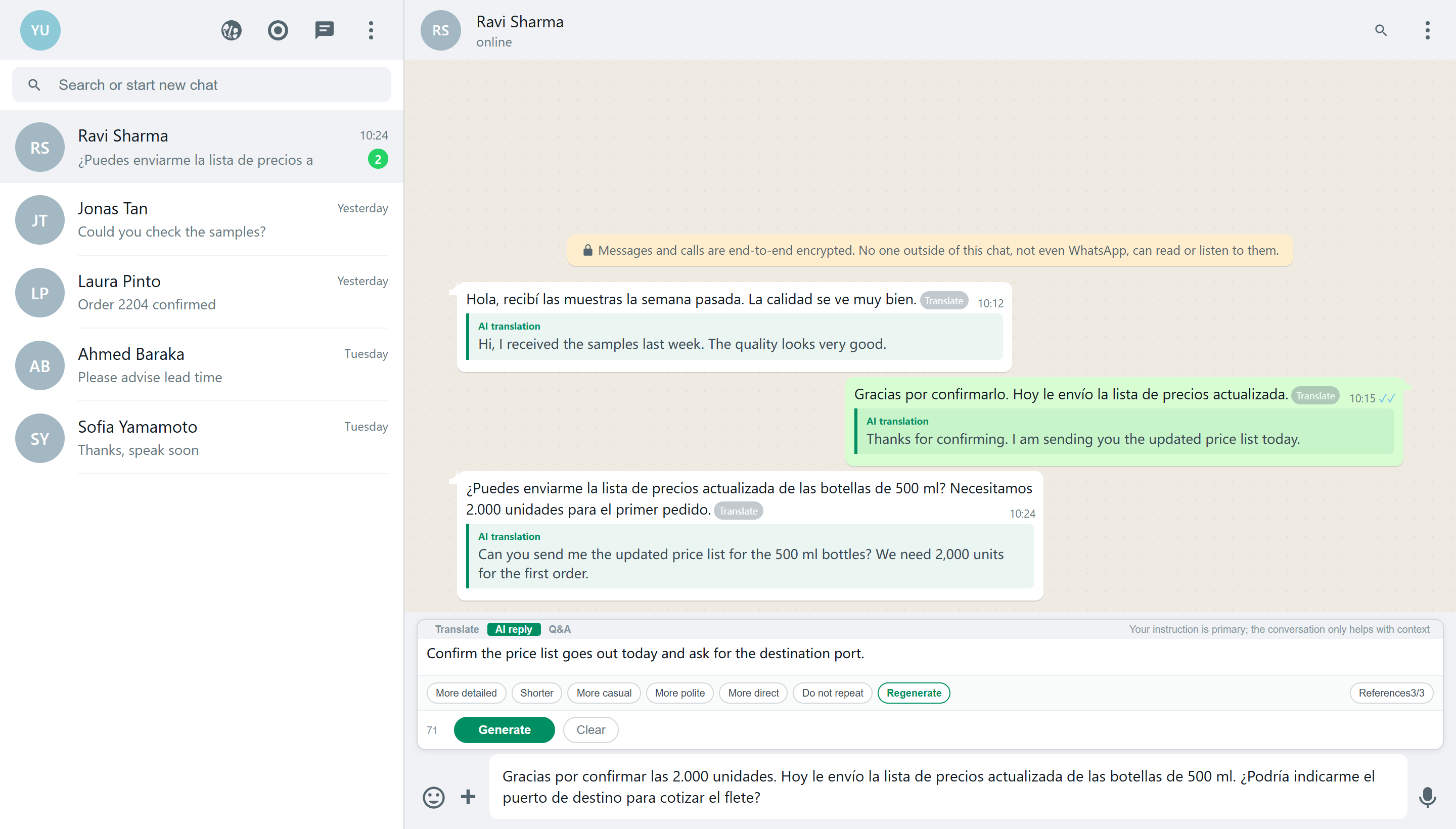 Full AI Reply workspace in YaoAI Whats