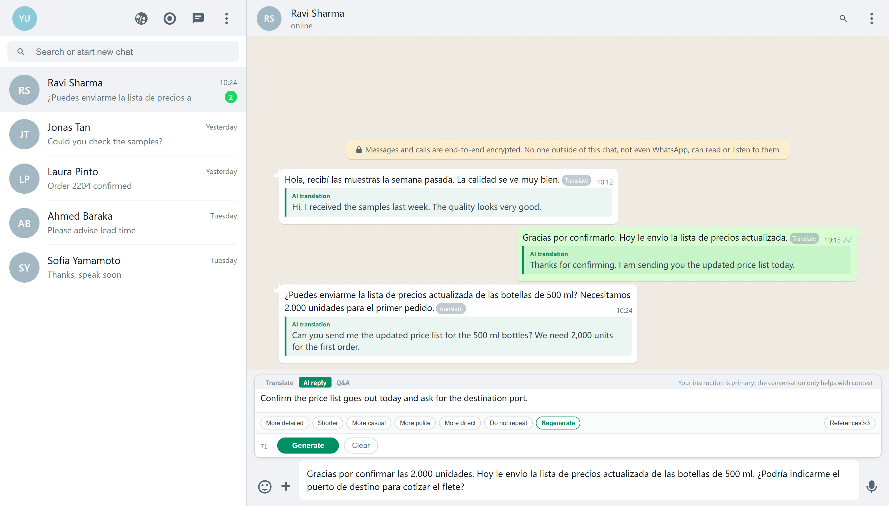Full AI Reply workspace in YaoAI Whats