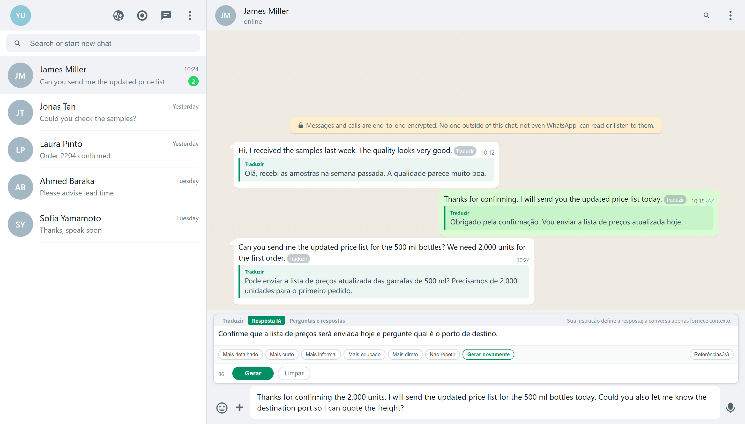 Tradutor e respostas com IA para WhatsApp Web